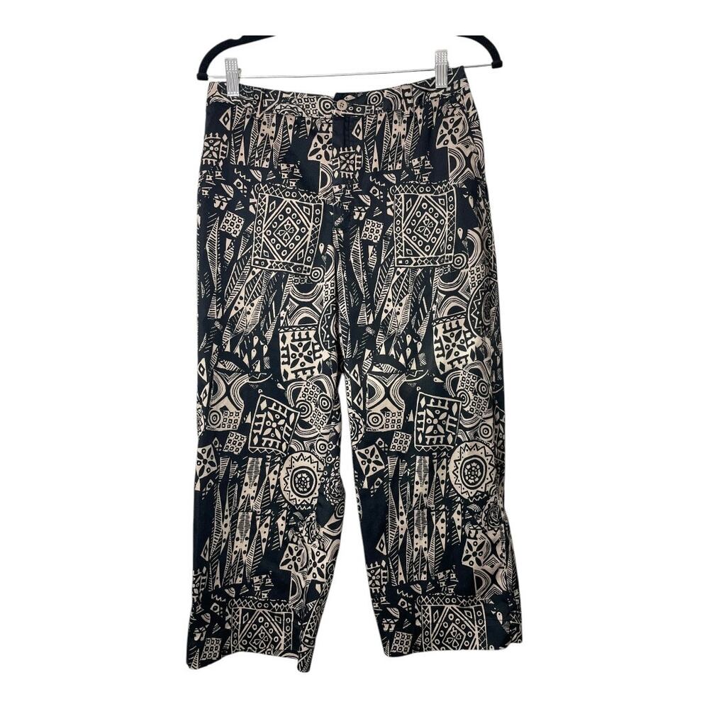Vintage Chicos Design Cropped Capri Pants Tribal Print Black Tan Chico 1= Medium